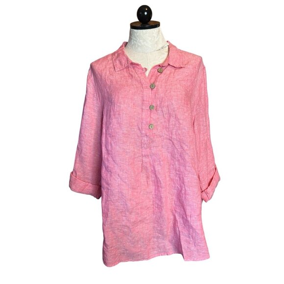Sigrid Olsen LINEN Wood Button Down Blouse Pink Roll Tab Sleeve Collar Plus 1X - Picture 1 of 10